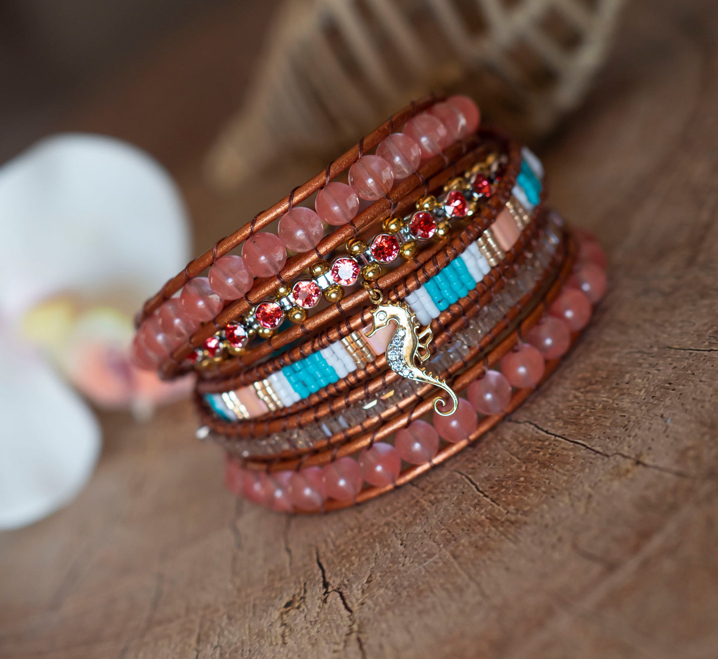 Bracelet Wrap Muti-tours en perles - Quartz cerise - Taille XS