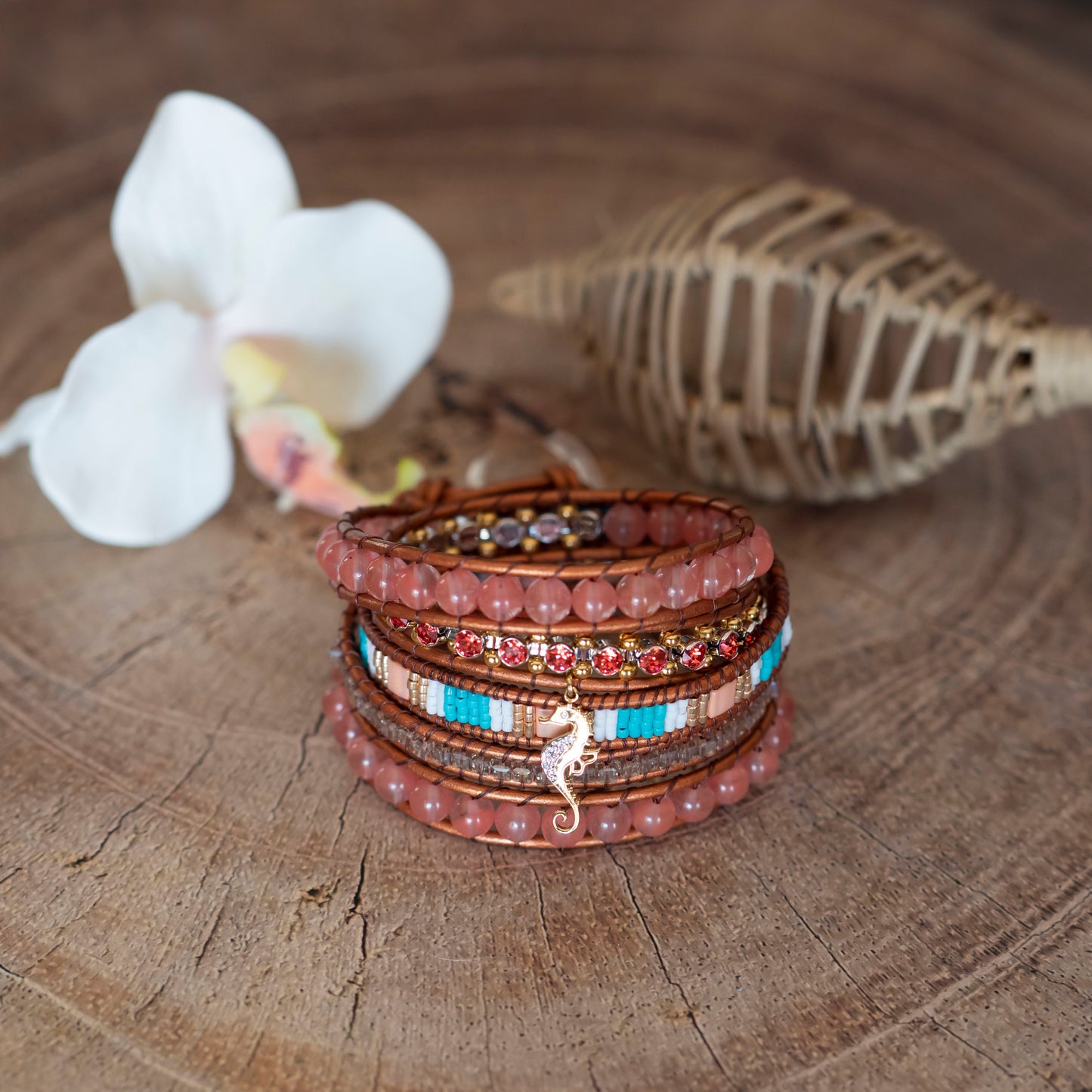 Bracelet Wrap Muti-tours en perles - Quartz cerise