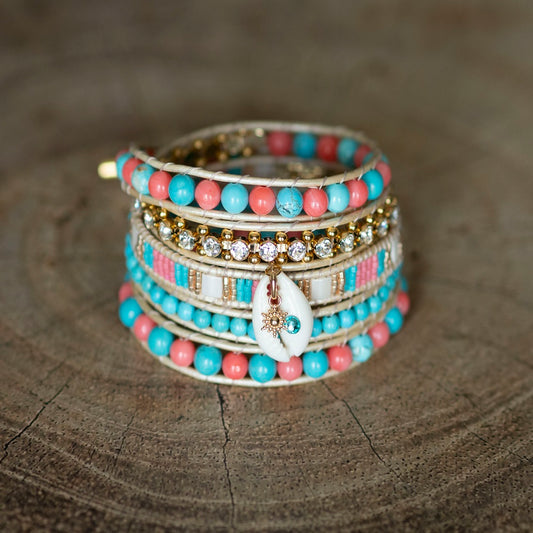 Bracelet Wrap Muti-tours en perles  - Perles turquoises et corail
