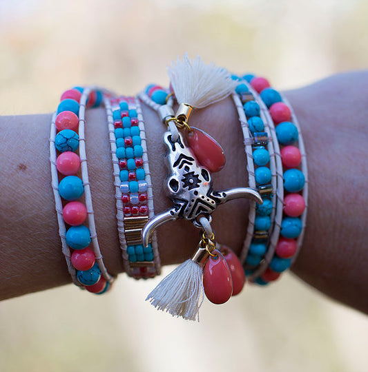 Bracelet wrap  Multi-tours en perles - Corail et turquoise - Taille XS